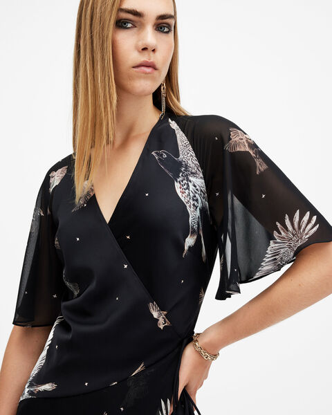 alana printed wrap over midi dress ALLSAINTS Alana Printed Wrap Over Midi Dress